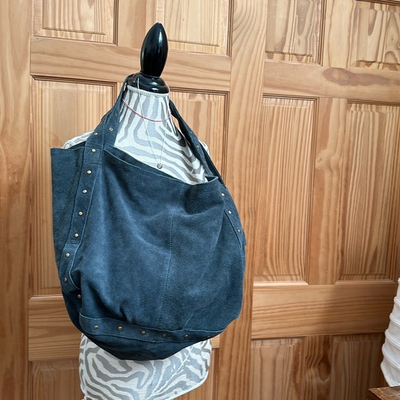 STEVE MADDEN TRIXI COW SUEDE TOTE WITH GOLD STUDS NWT - BLUE SLATE - Picture 1 of 16